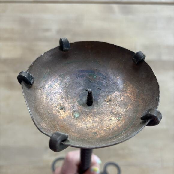 Vintage Large Hand Forged Copper w/ Twisted Metal Candle Holder - Picture 5 of 8